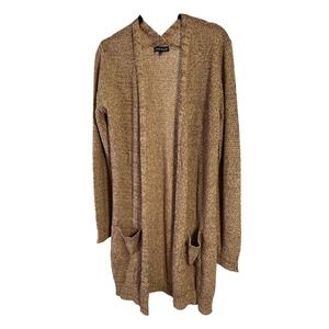 Love Ellie Duster Cardigan Sweater Knit Open Front Pockets Tan Brown Medium